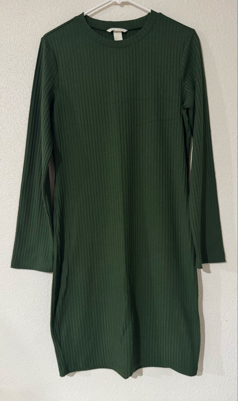 H&M Olive Green Ribbed Crew Neck Long Sleeve Sweater Dress Size L Christmas